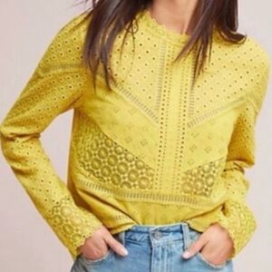 🌈 6/$60 James Coviello Burnham, Lace, Yellow, Long Sleeve, Eyelet, Top, XS